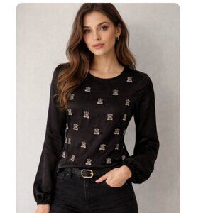 Miri Sweater Embellished Gems Sheer Sleeves Stones XS Black Silver